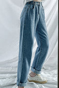 Women Button Closure High-Waist Restful Wide-Legs Trendy Solid Colored Summer Stretchable Denim Jeans
