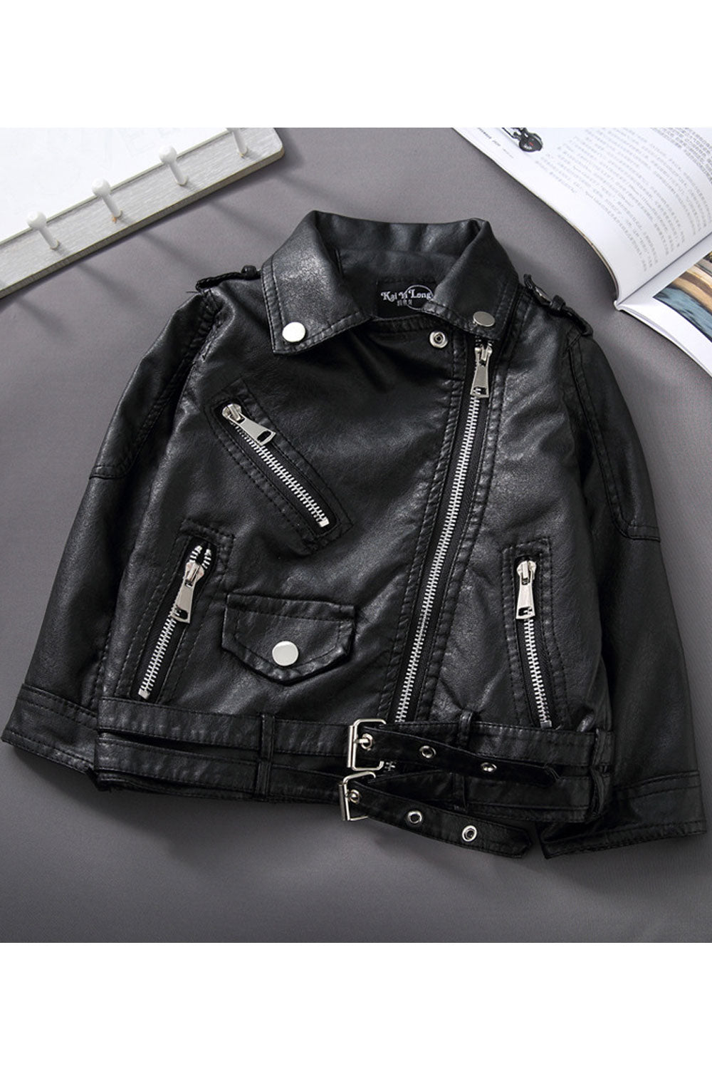 Kid Girl Collar Neck Front Zipper & Flap Closure Raven Winter Leather Jacket.