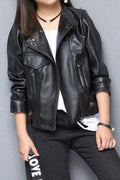 Kid Girl Shiny Collar Neck Front Zipper & wrist belt Winter Leather Jacket.