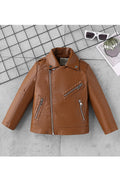 kid Girl Good-Looking Collar Neck Welt Zipper Pocket Winter Leather Jacket.