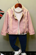 Kid Girl Tempting Lapal Collar Neck & Wrist Belt With Zipper Cuff Winter Leather Jacket.