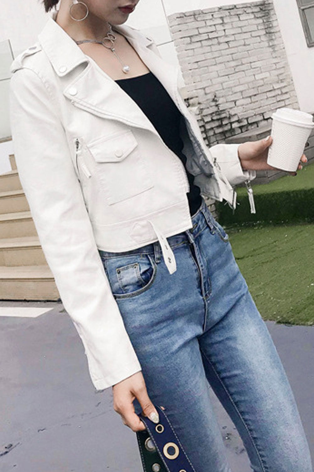 Women Captive Lapel Collar Neck Buttoned Cuff & Cross Zip Fastener Side Zip Pocket Mid Length Winter Leather Jacket