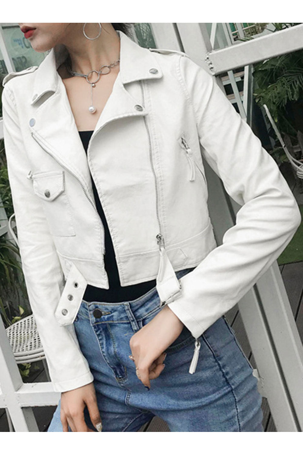 Women Captive Lapel Collar Neck Buttoned Cuff & Cross Zip Fastener Side Zip Pocket Mid Length Winter Leather Jacket