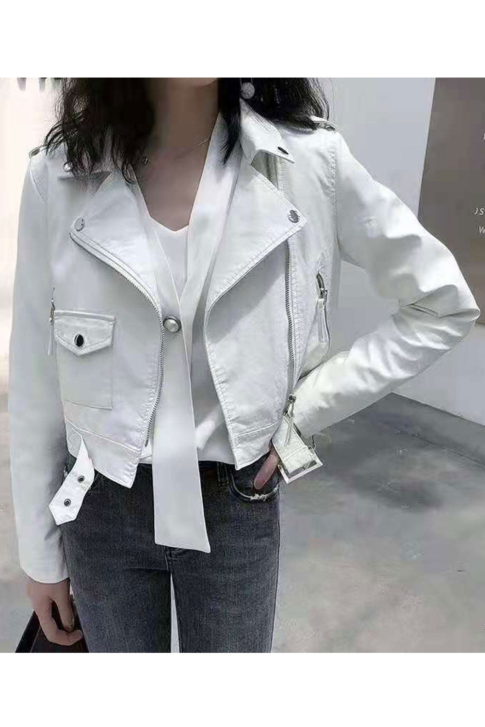 Women Captive Lapel Collar Neck Buttoned Cuff & Cross Zip Fastener Side Zip Pocket Mid Length Winter Leather Jacket