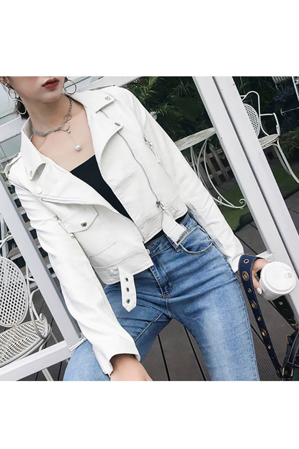Women Captive Lapel Collar Neck Buttoned Cuff & Cross Zip Fastener Side Zip Pocket Mid Length Winter Leather Jacket