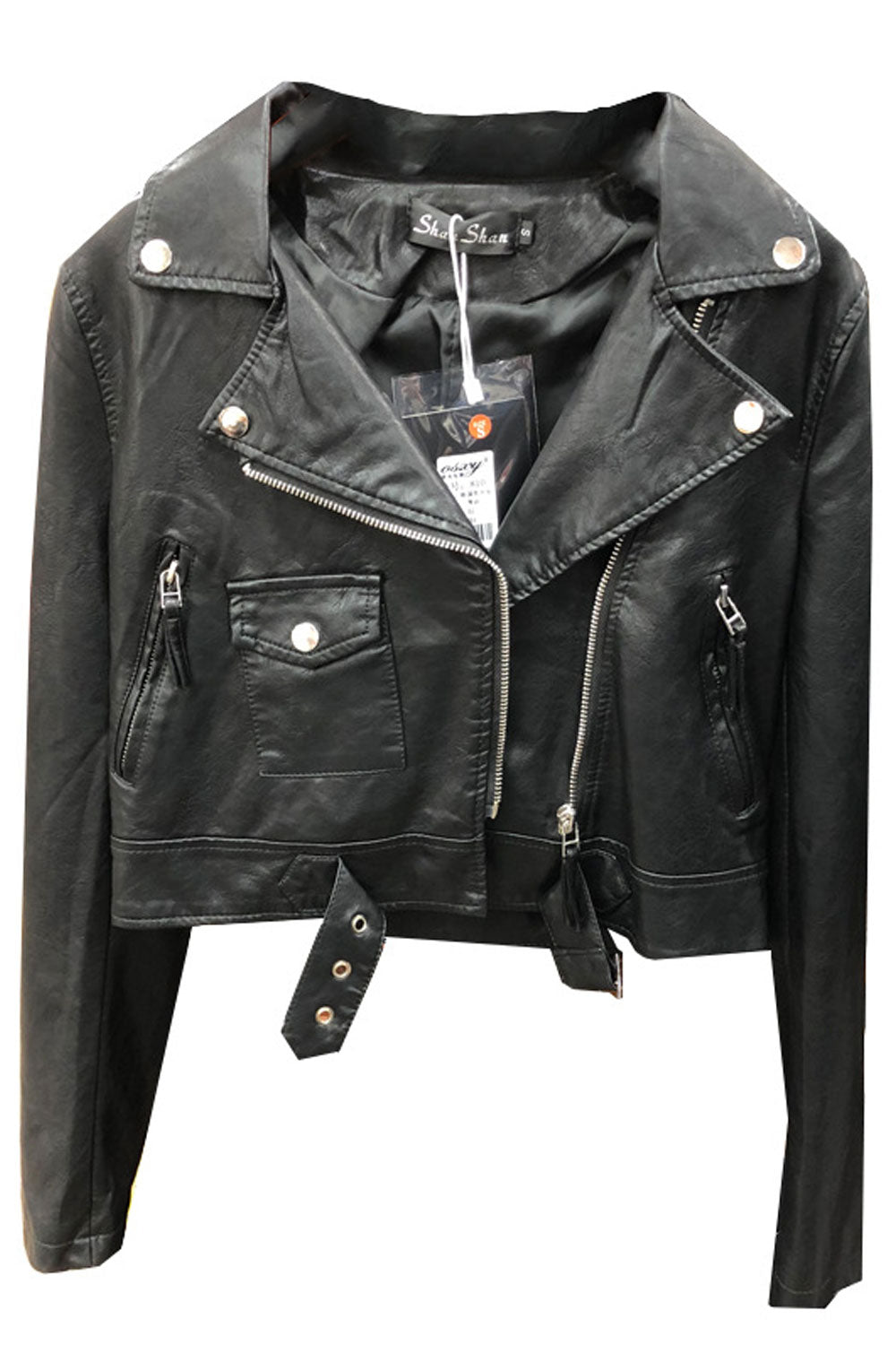 Women Captive Lapel Collar Neck Buttoned Cuff & Cross Zip Fastener Side Zip Pocket Mid Length Winter Leather Jacket