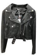 Women Captive Lapel Collar Neck Buttoned Cuff & Cross Zip Fastener Side Zip Pocket Mid Length Winter Leather Jacket