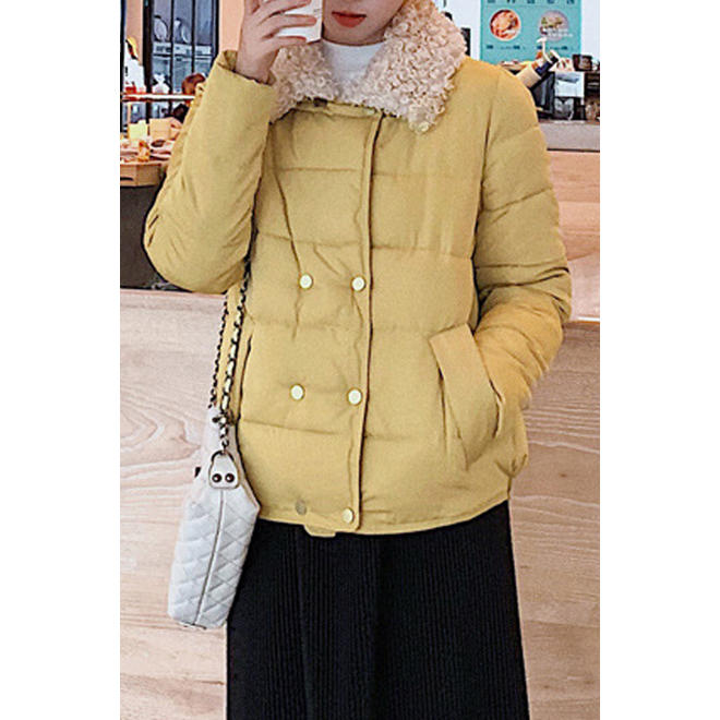 Women Cotton Padded Big Collar Button Up Jacket