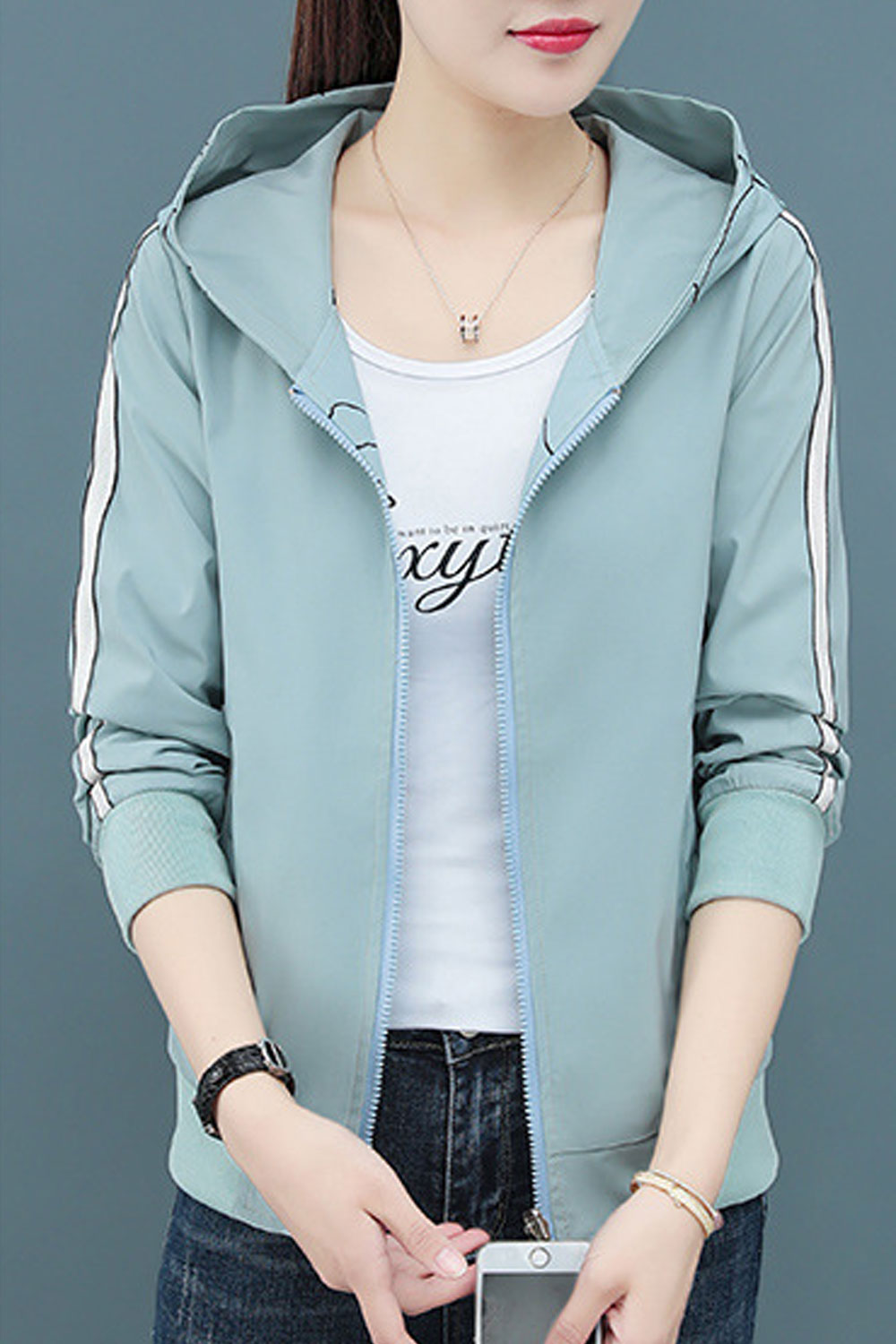 Women Letter Patterned Double Sided Hooded Neck Knitted Ribbed Cuff & Hem Slash Pocket Winter Casual Jacket