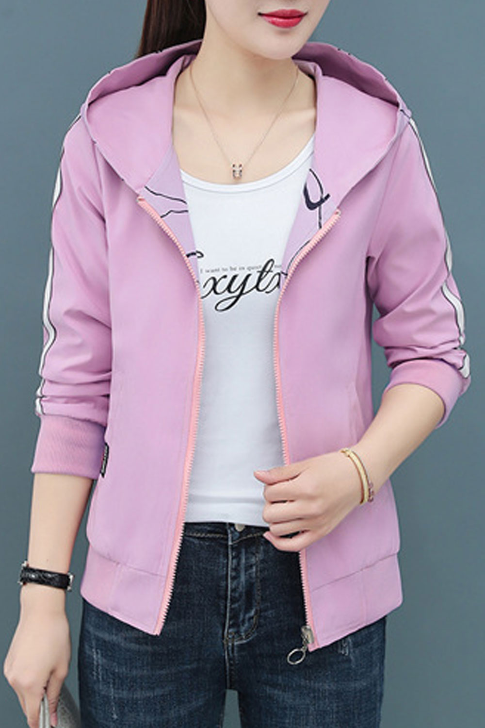 Women Letter Patterned Double Sided Hooded Neck Knitted Ribbed Cuff & Hem Slash Pocket Winter Casual Jacket