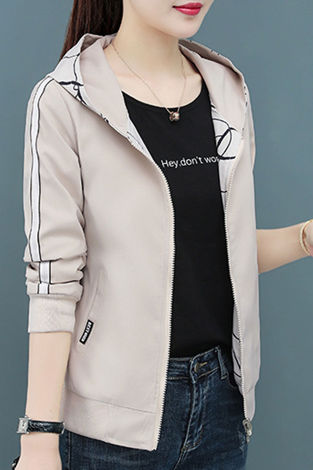 Women Letter Patterned Double Sided Hooded Neck Knitted Ribbed Cuff & Hem Slash Pocket Winter Casual Jacket