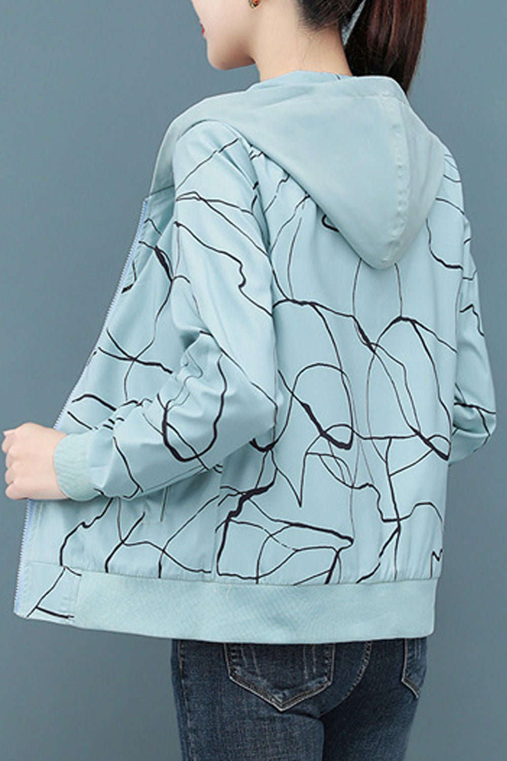 Women Letter Patterned Double Sided Hooded Neck Knitted Ribbed Cuff & Hem Slash Pocket Winter Casual Jacket