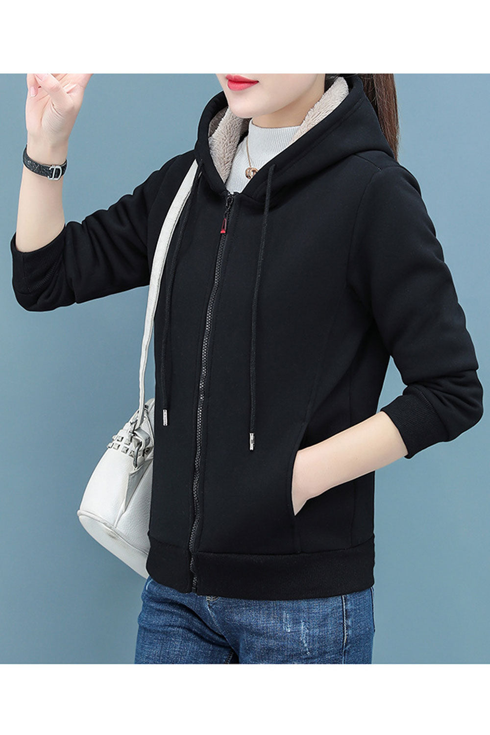 Women Admirable Hooded Neck Fluffy Inner Linen & Ribbed Cuff & Hem Winter Casual Jacket