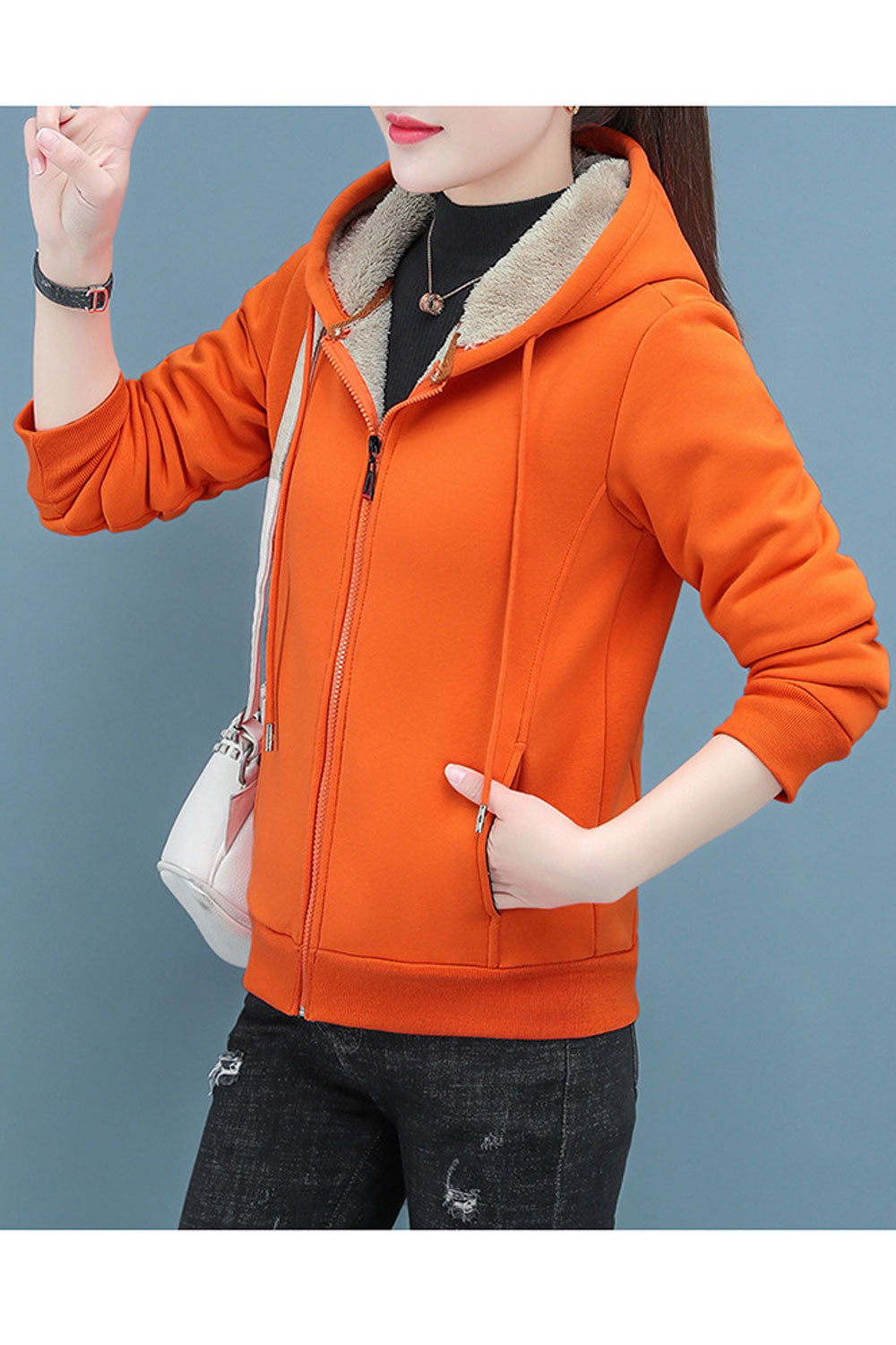 Women Admirable Hooded Neck Fluffy Inner Linen & Ribbed Cuff & Hem Winter Casual Jacket