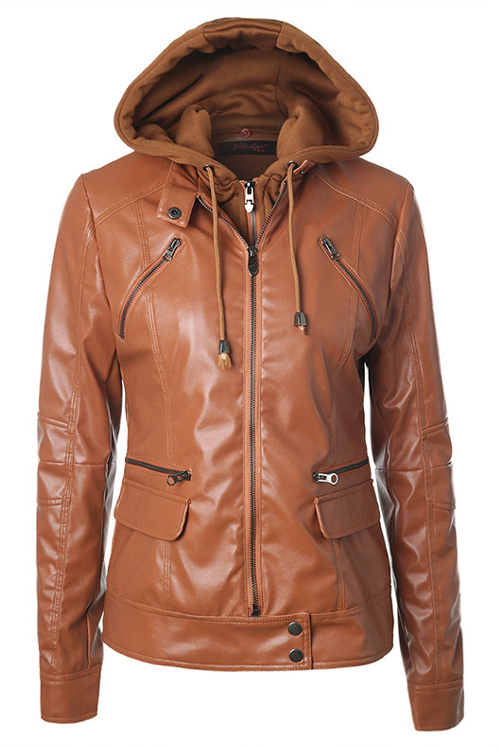 Women Impressive Drawstring Hooded Neck Buttoned Cuff Side Flap & Zippered Pocket Super Slim Cozy Winter Leather Jacket