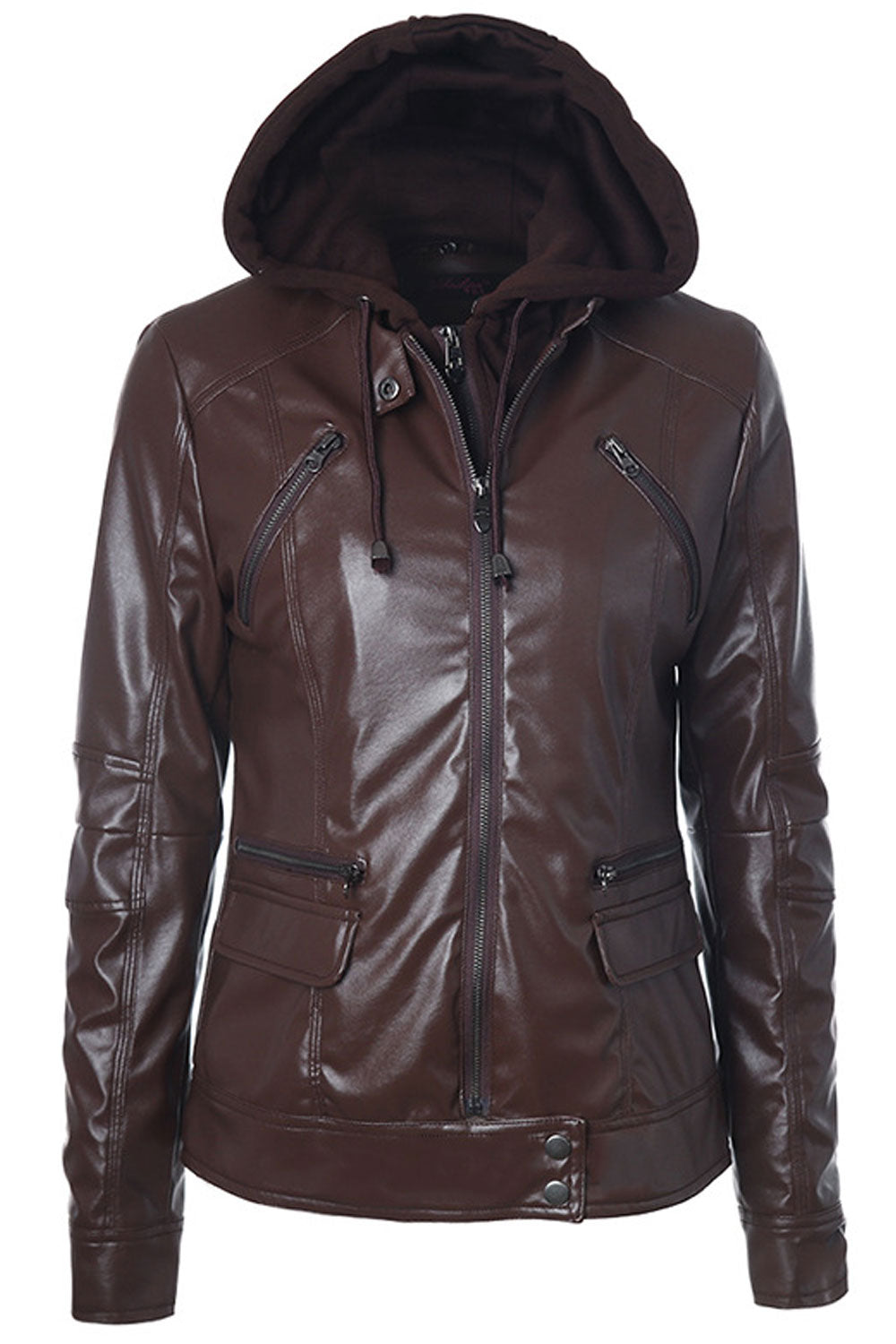 Women Impressive Drawstring Hooded Neck Buttoned Cuff Side Flap & Zippered Pocket Super Slim Cozy Winter Leather Jacket