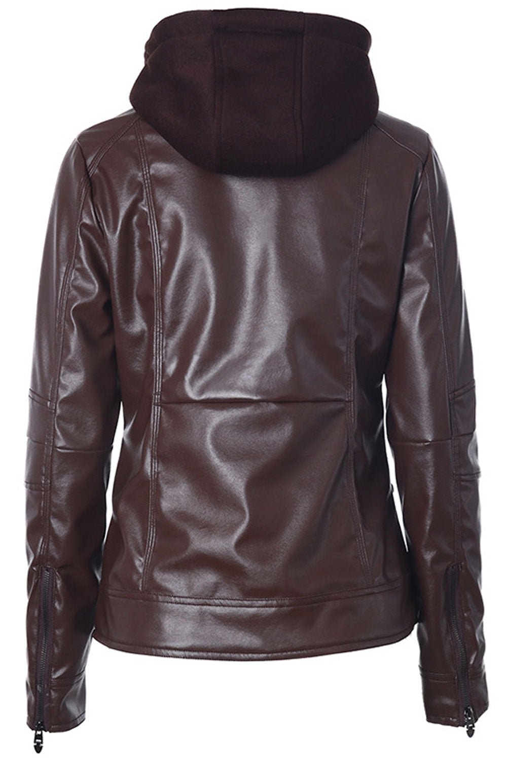 Women Impressive Drawstring Hooded Neck Buttoned Cuff Side Flap & Zippered Pocket Super Slim Cozy Winter Leather Jacket