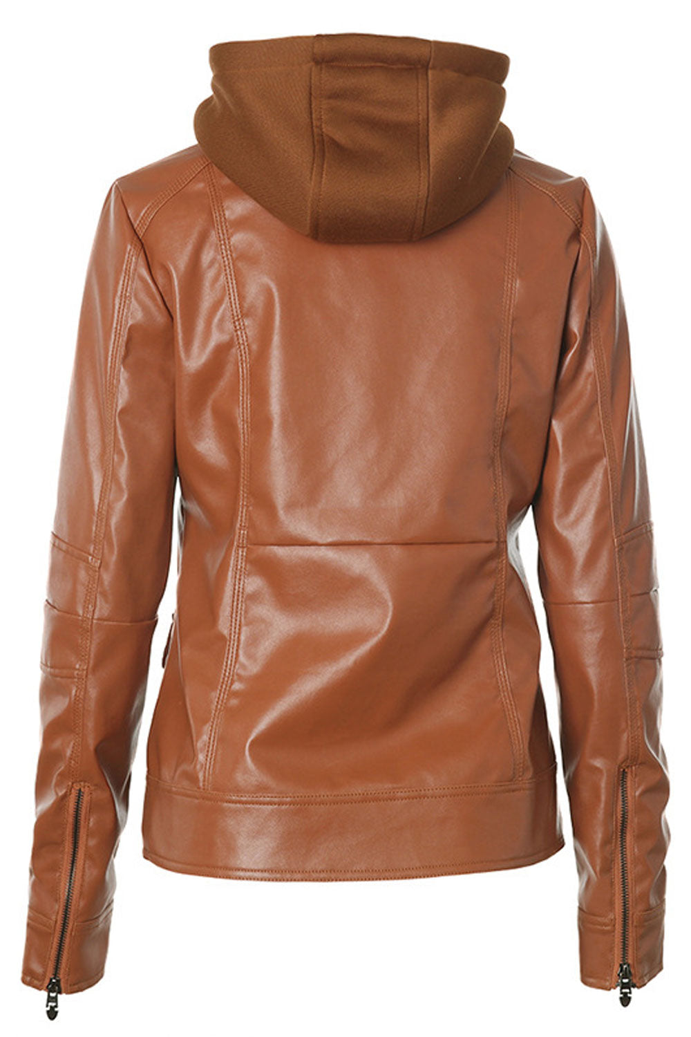 Women Impressive Drawstring Hooded Neck Buttoned Cuff Side Flap & Zippered Pocket Super Slim Cozy Winter Leather Jacket
