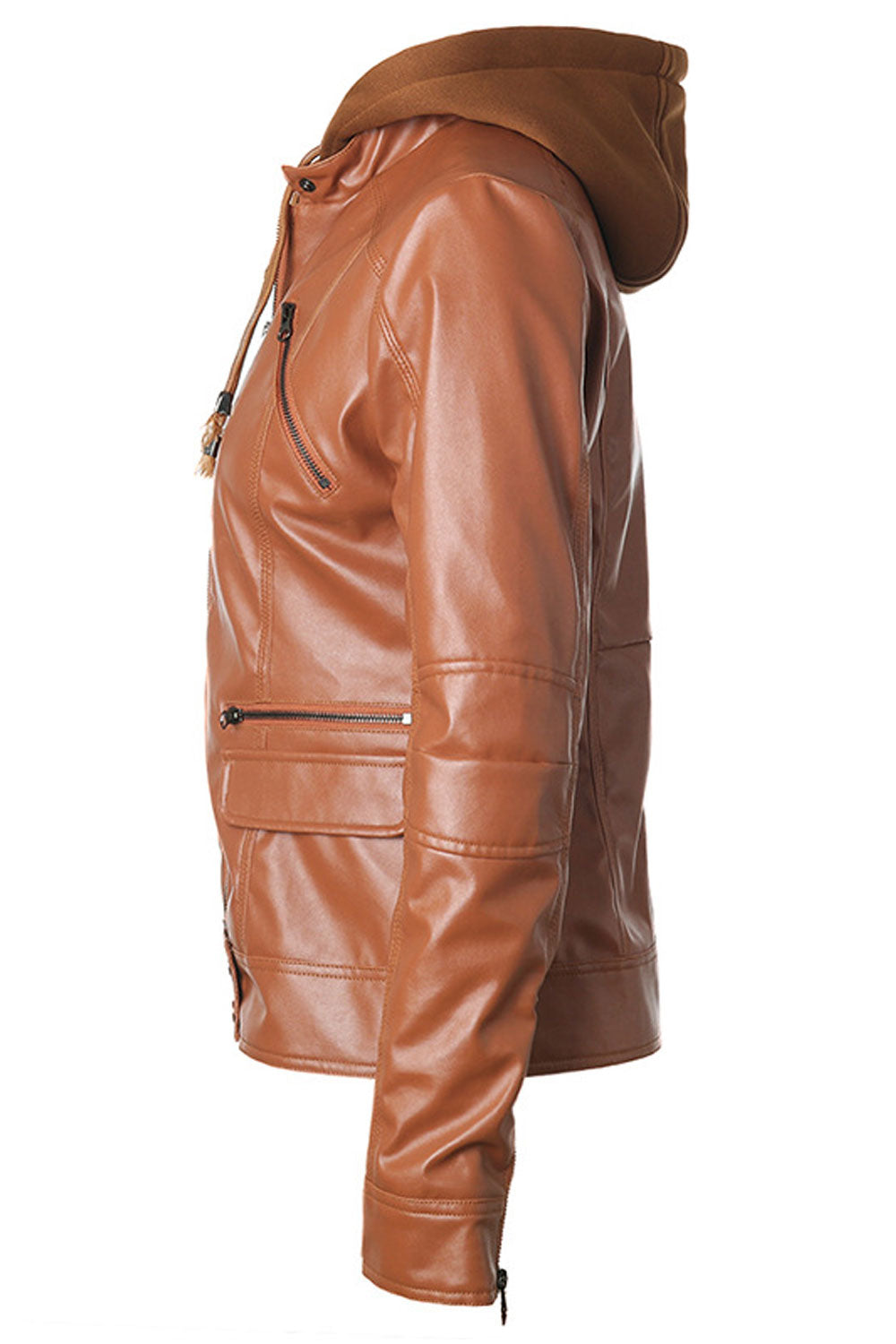 Women Impressive Drawstring Hooded Neck Buttoned Cuff Side Flap & Zippered Pocket Super Slim Cozy Winter Leather Jacket