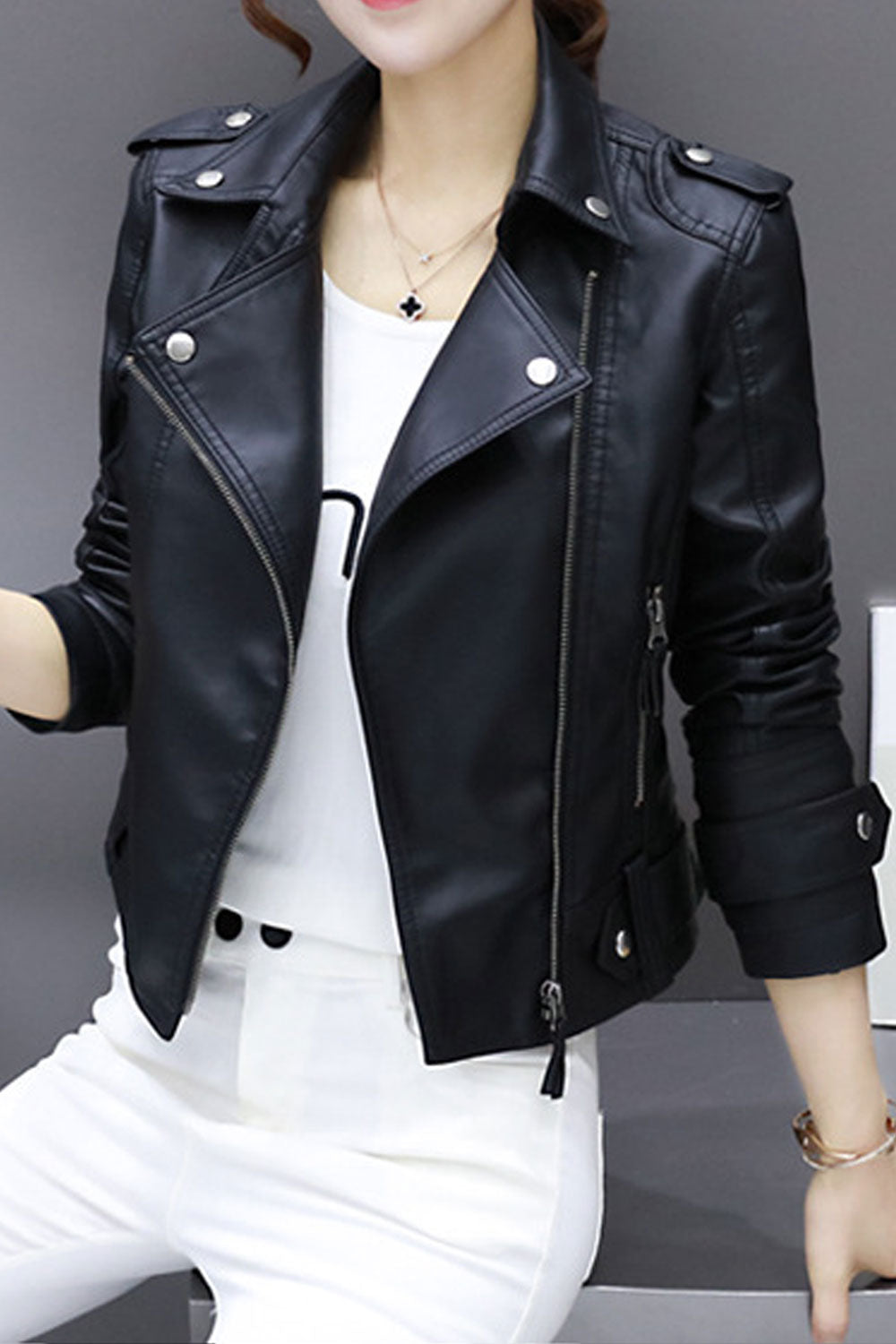 Women Modish Lapel Collar Wrist Strap Cross Zippered Fastener & Side Zippered Pocket Warm Winter Leather Jacket