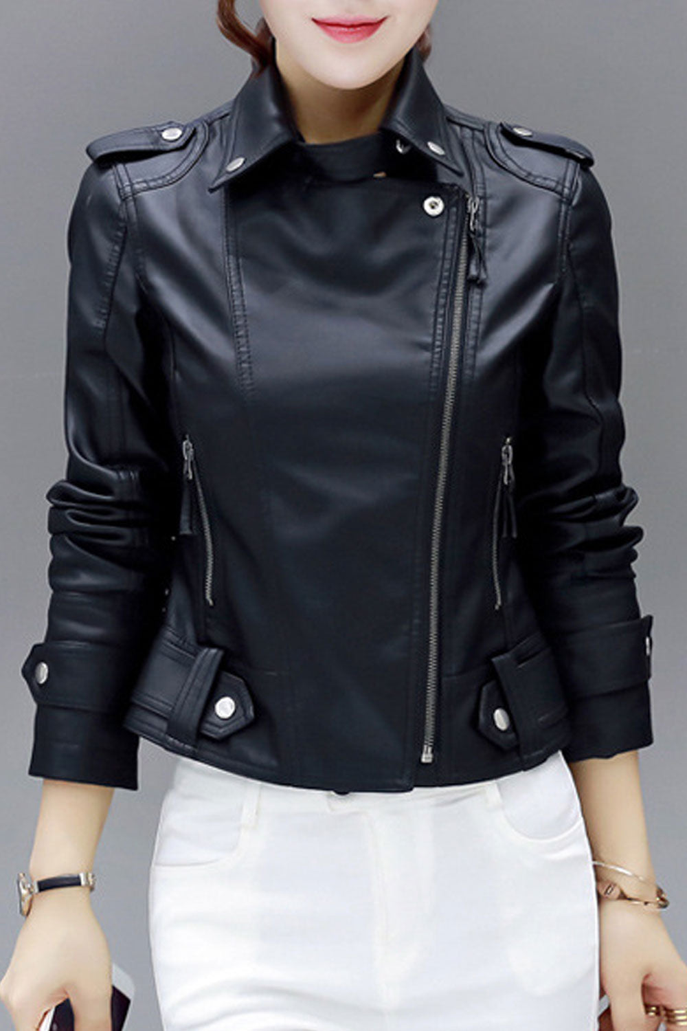 Women Modish Lapel Collar Wrist Strap Cross Zippered Fastener & Side Zippered Pocket Warm Winter Leather Jacket