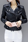 Women Modish Lapel Collar Wrist Strap Cross Zippered Fastener & Side Zippered Pocket Warm Winter Leather Jacket