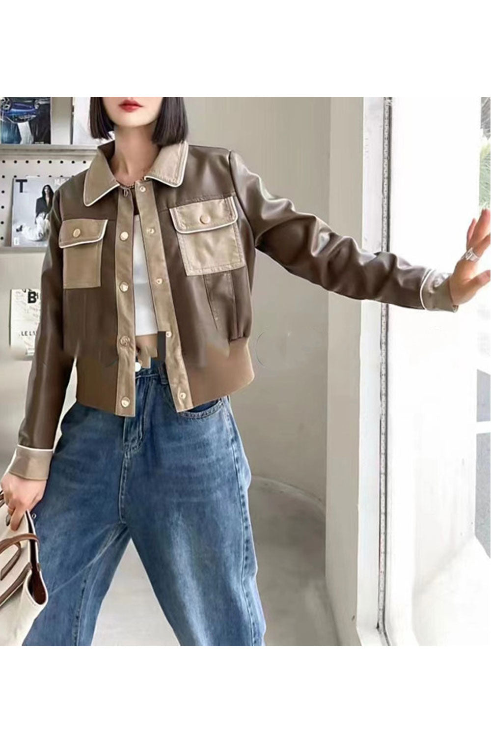 Women Fantastic Button Closure Collar Neck Flap Pockets Fashionable Winter Leather Jacket