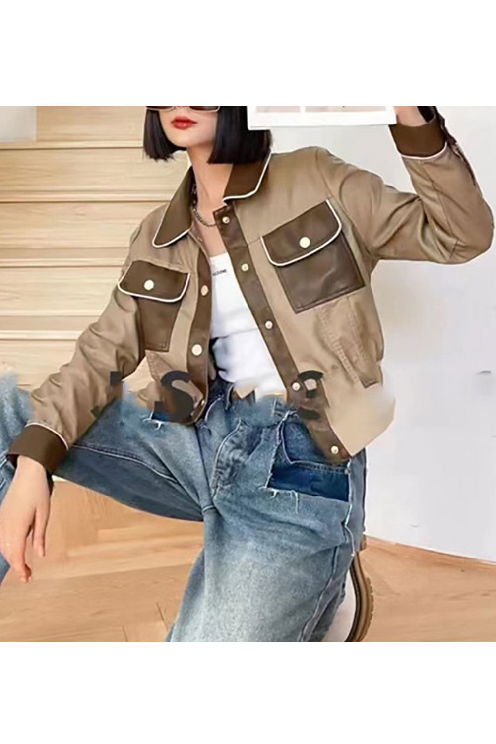 Women Fantastic Button Closure Collar Neck Flap Pockets Fashionable Winter Leather Jacket