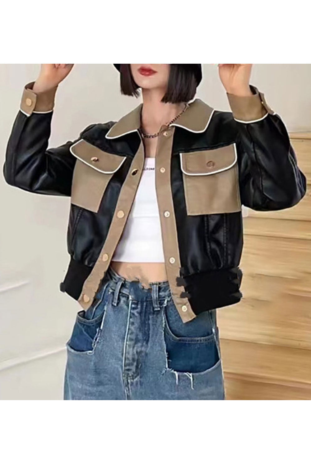 Women Fantastic Button Closure Collar Neck Flap Pockets Fashionable Winter Leather Jacket
