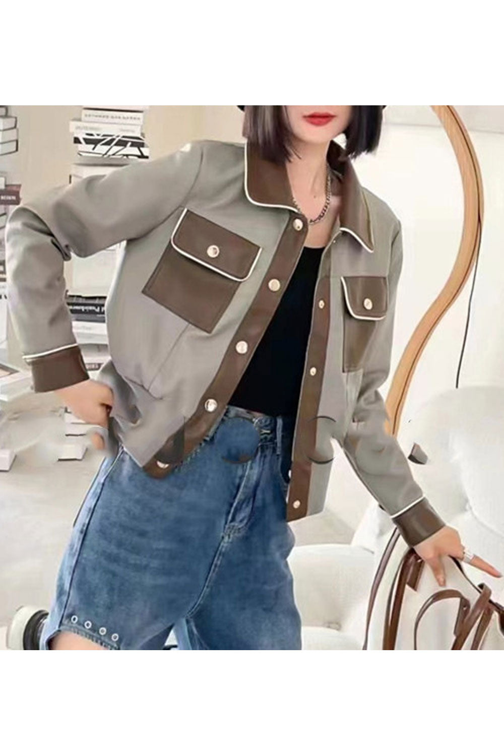 Women Fantastic Button Closure Collar Neck Flap Pockets Fashionable Winter Leather Jacket