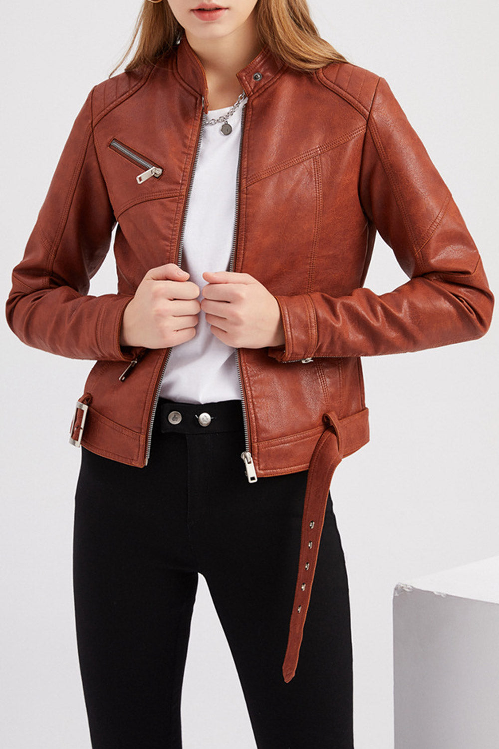 Women Attractive Stand Collar Qucik Zip Closure Adjustable Waist Belt Winter Leather Jacket