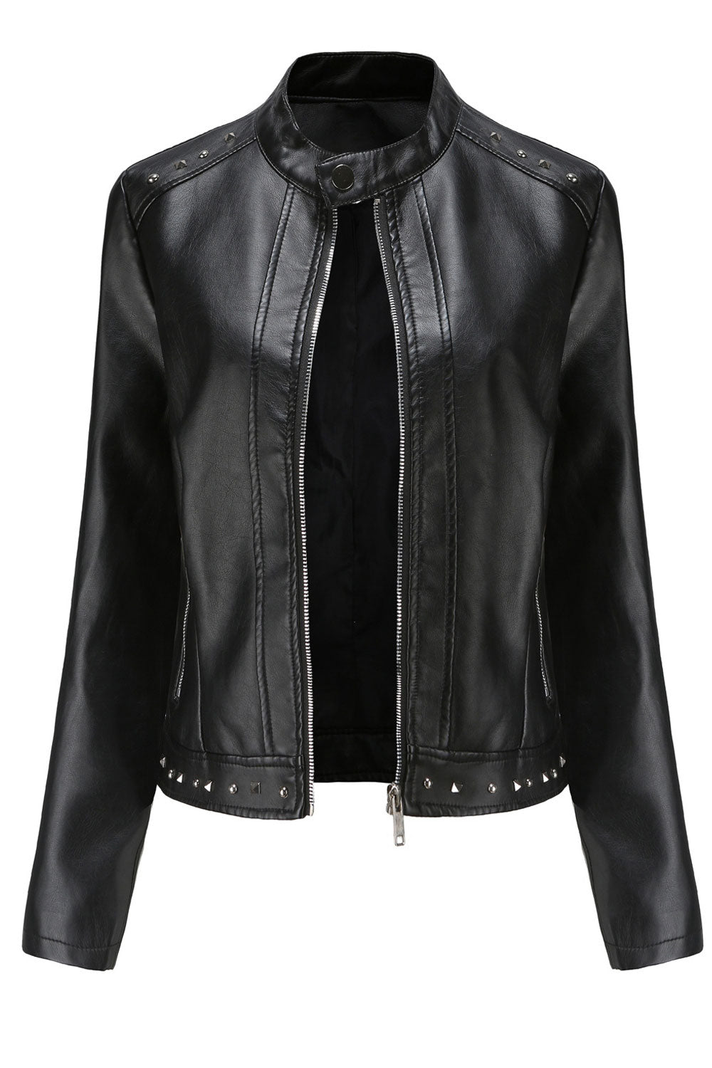 Women Fashionic Bead Rivet Decorated Stand Collar Fast Zip Closure Attractive Winter Leather Jacket