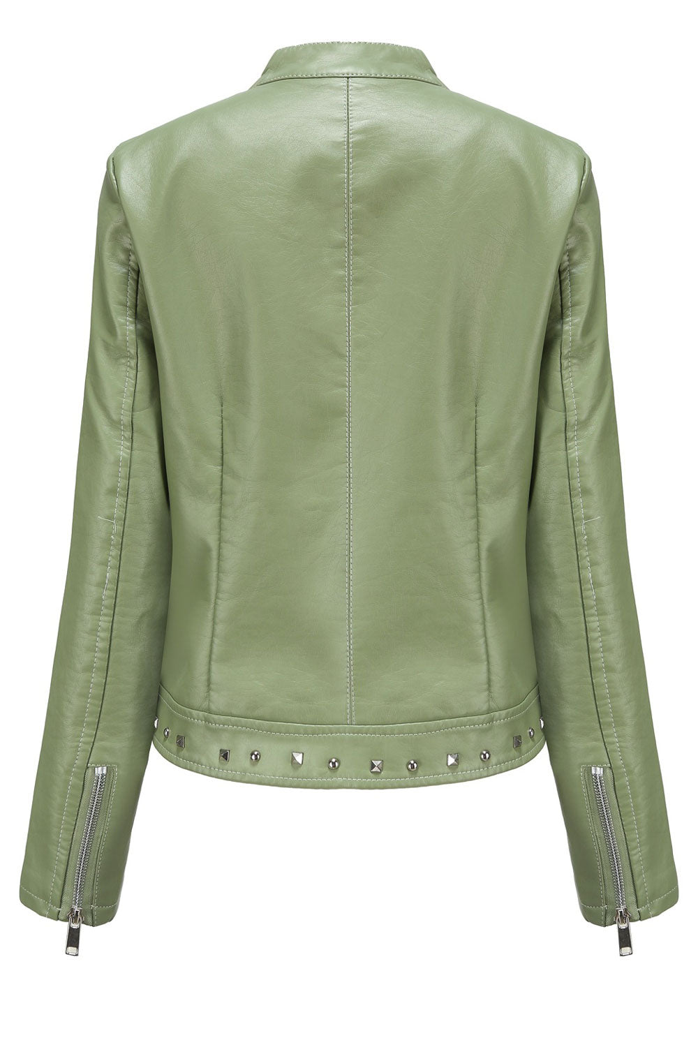 Women Fashionic Bead Rivet Decorated Stand Collar Fast Zip Closure Attractive Winter Leather Jacket