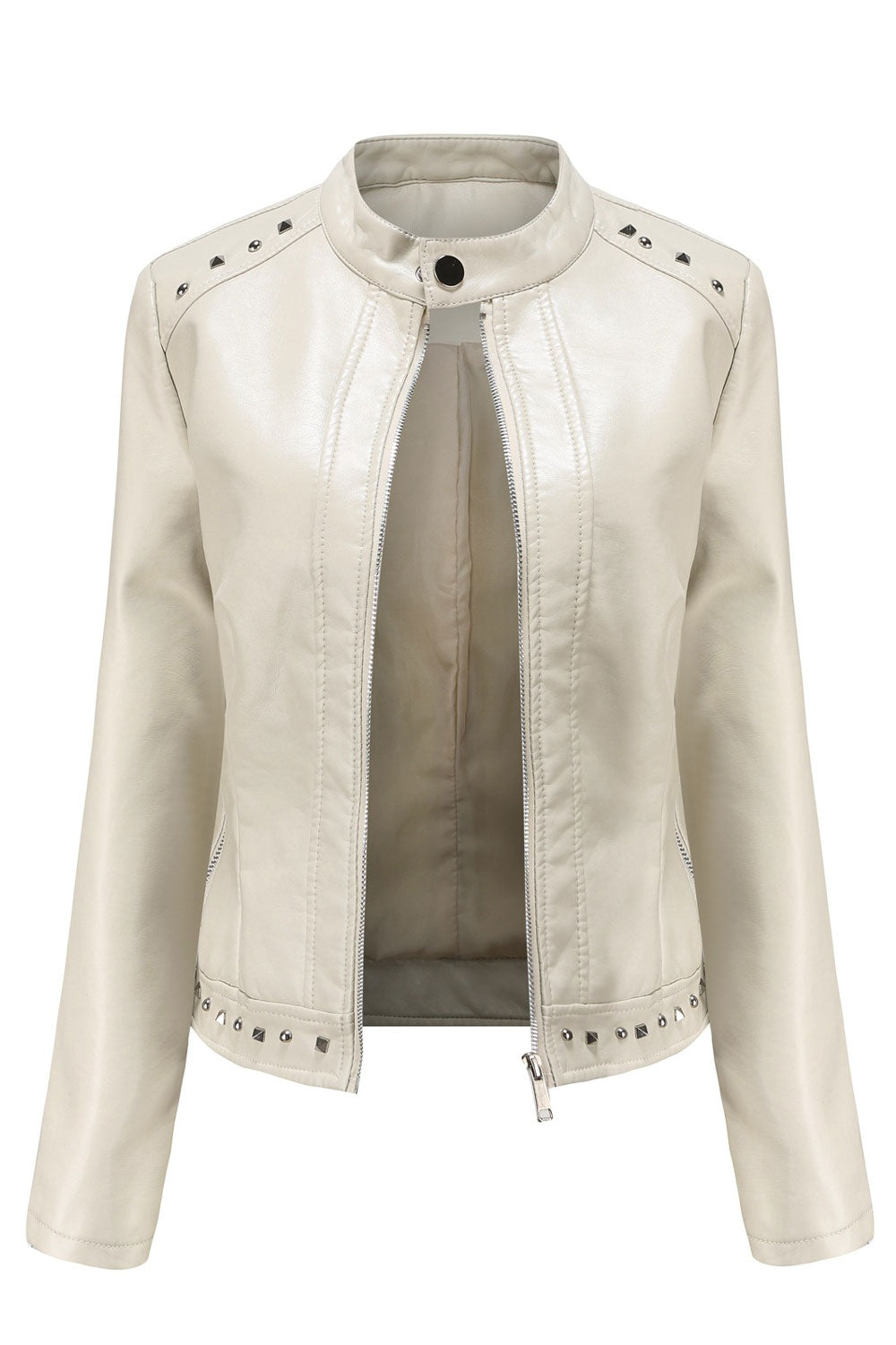 Women Fashionic Bead Rivet Decorated Stand Collar Fast Zip Closure Attractive Winter Leather Jacket