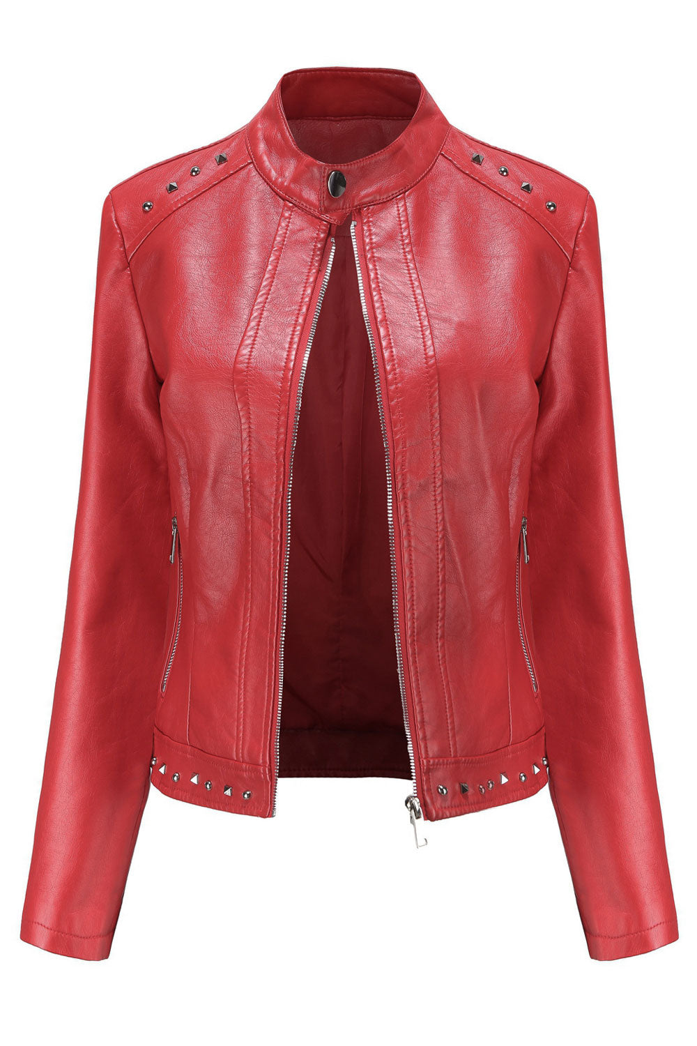 Women Fashionic Bead Rivet Decorated Stand Collar Fast Zip Closure Attractive Winter Leather Jacket