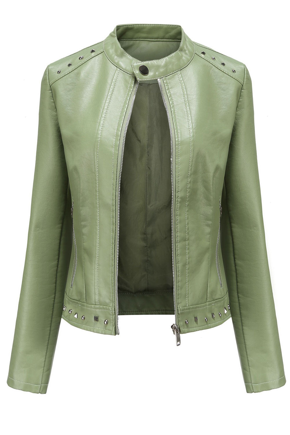 Women Fashionic Bead Rivet Decorated Stand Collar Fast Zip Closure Attractive Winter Leather Jacket