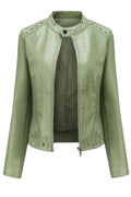 Women Fashionic Bead Rivet Decorated Stand Collar Fast Zip Closure Attractive Winter Leather Jacket