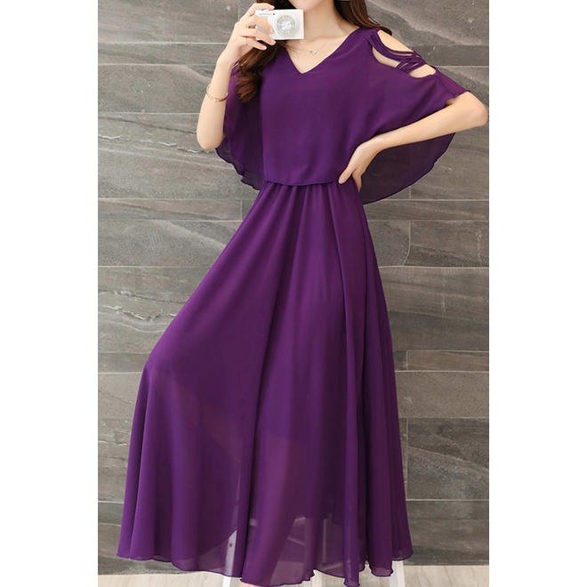 Women V-Neck Shawl Style Pleated Dress