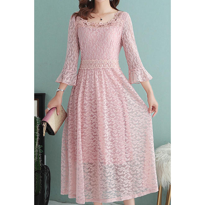 Women Lace Decorated Square Neck Solid Dress