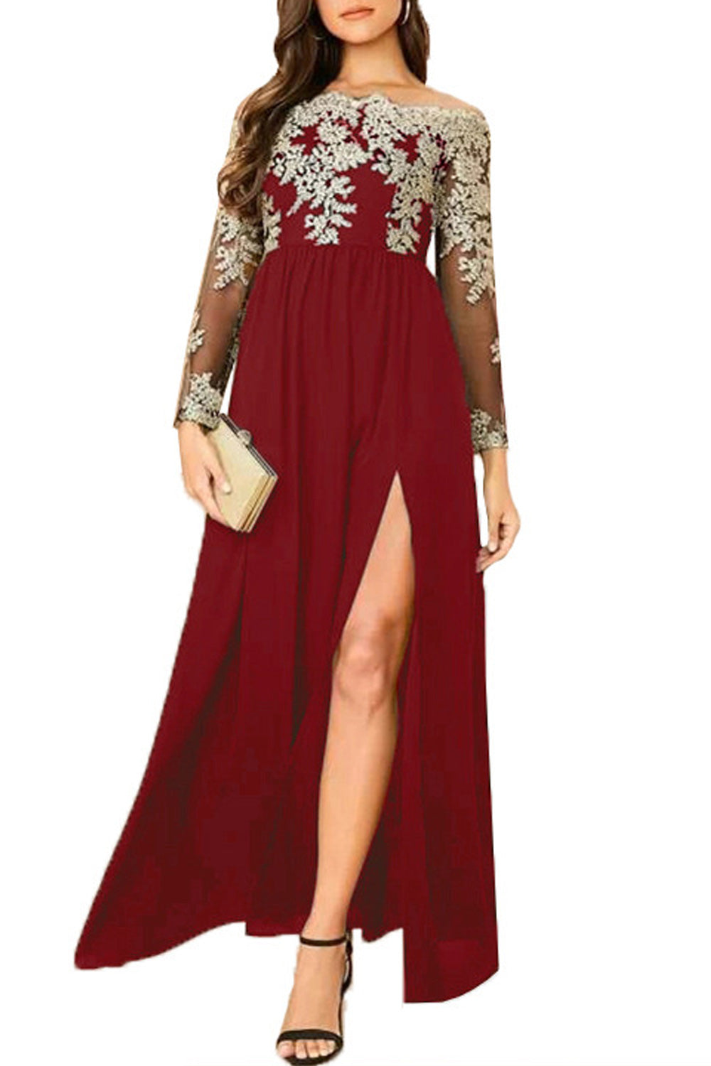 Women Splendid Lace Pattern Pleated Mid Length Skirt Long Sleeve Summer Breathable Dress