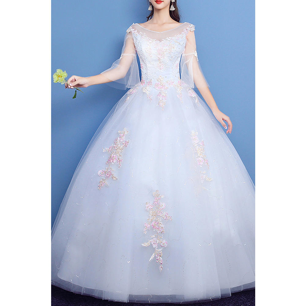 Women Off Shoulder Lace Decorated Tail Wedding Dress