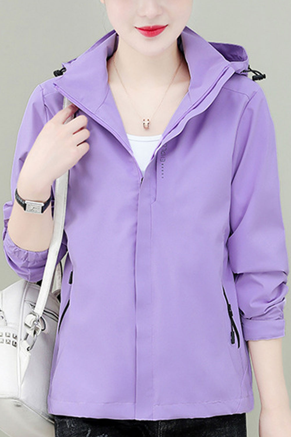 Women Chalky Hooded Neck Zippered Slash Pocket & Velcro Cuff Winter Casual Pocket