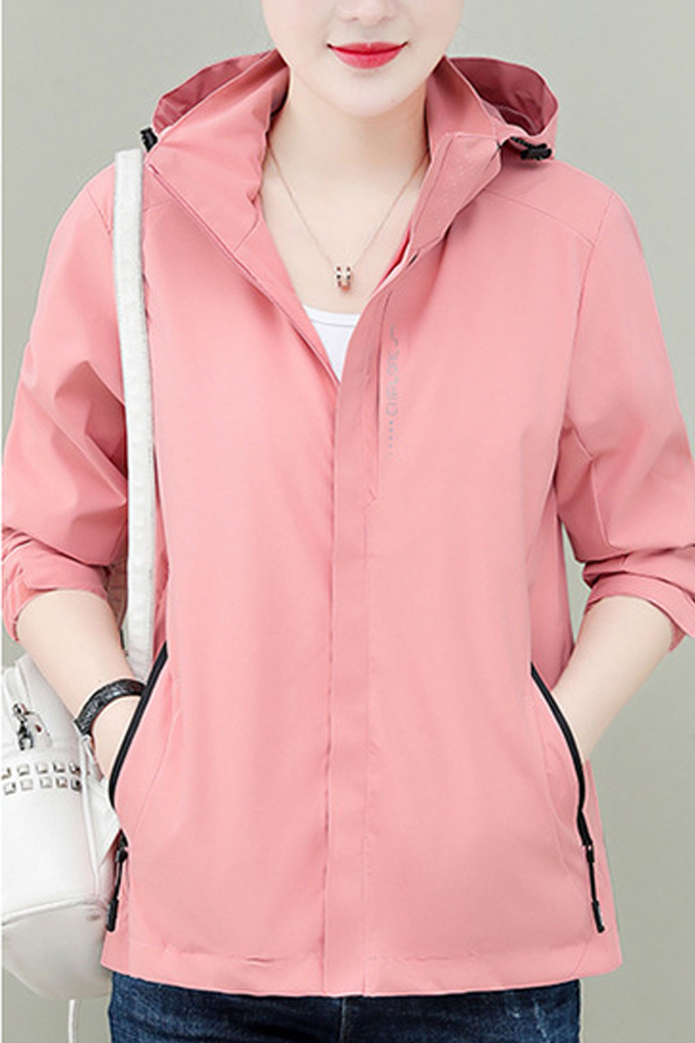 Women Chalky Hooded Neck Zippered Slash Pocket & Velcro Cuff Winter Casual Pocket