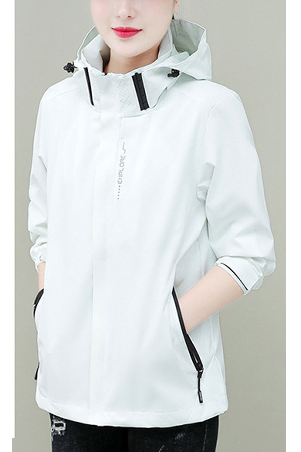 Women Chalky Hooded Neck Zippered Slash Pocket & Velcro Cuff Winter Casual Pocket