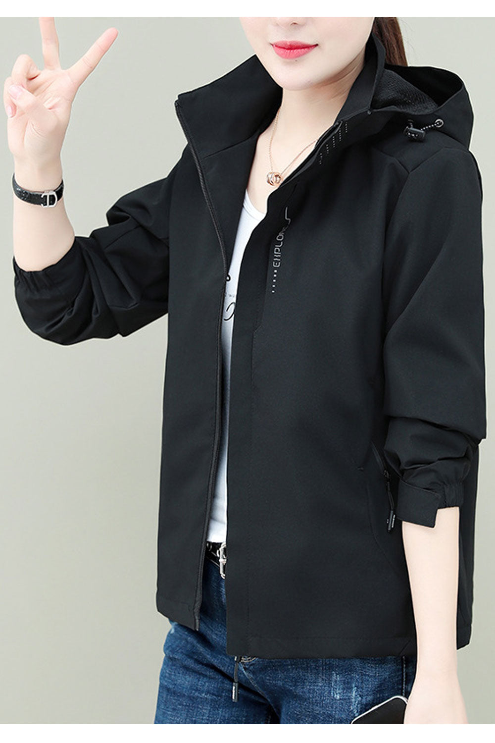 Women Chalky Hooded Neck Zippered Slash Pocket & Velcro Cuff Winter Casual Pocket