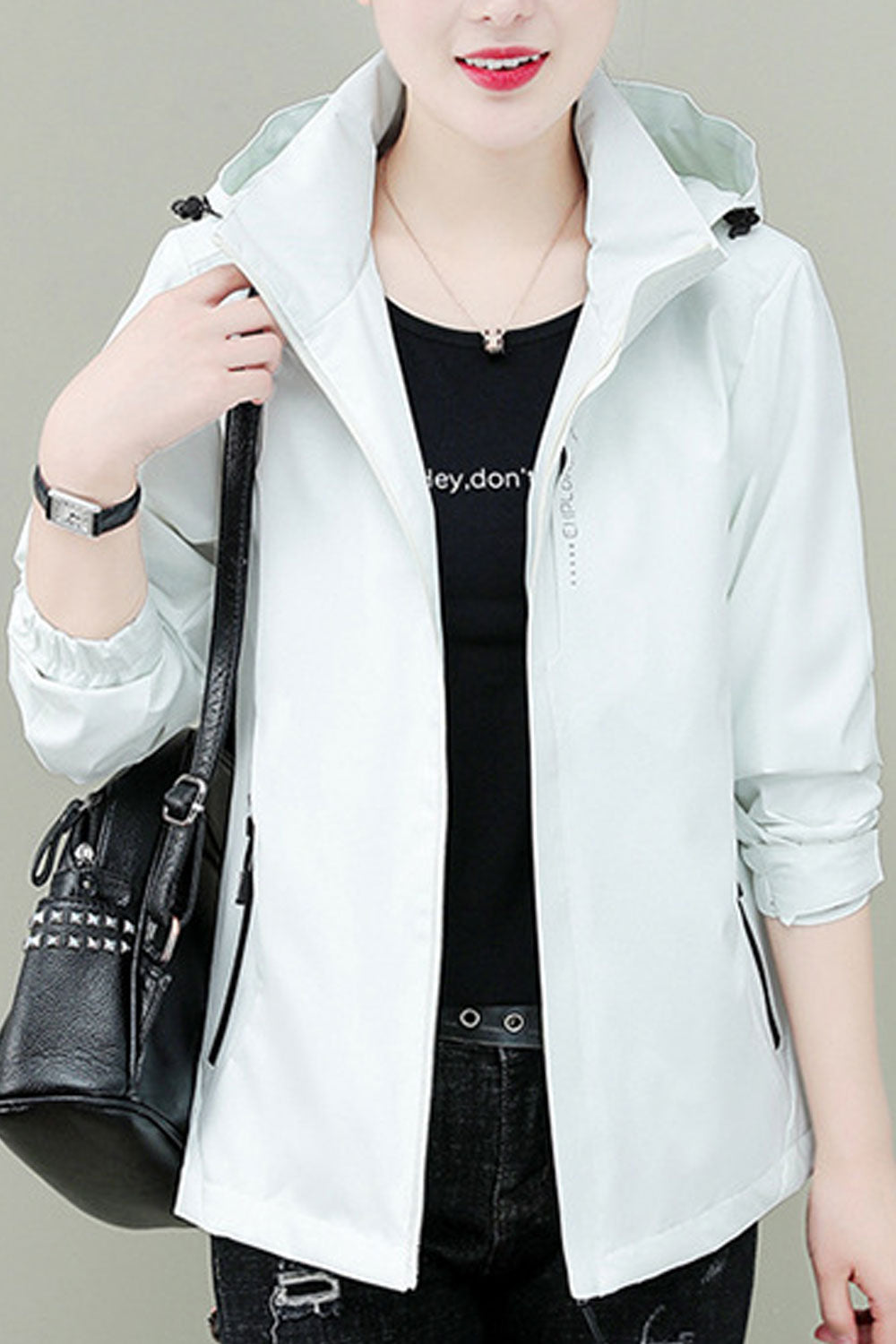 Women Chalky Hooded Neck Zippered Slash Pocket & Velcro Cuff Winter Casual Pocket