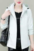 Women Chalky Hooded Neck Zippered Slash Pocket & Velcro Cuff Winter Casual Pocket