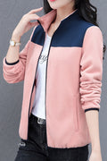 Women Soft Stand Collar Neck Ribbed Cuff & Front Zippered Winter Casual Jacket