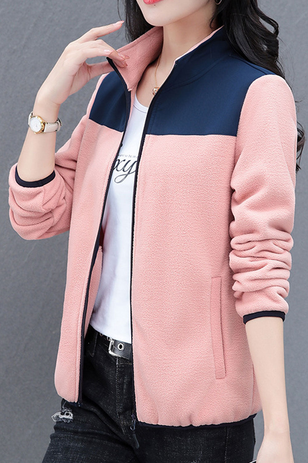 Women Soft Stand Collar Neck Ribbed Cuff & Front Zippered Winter Casual Jacket