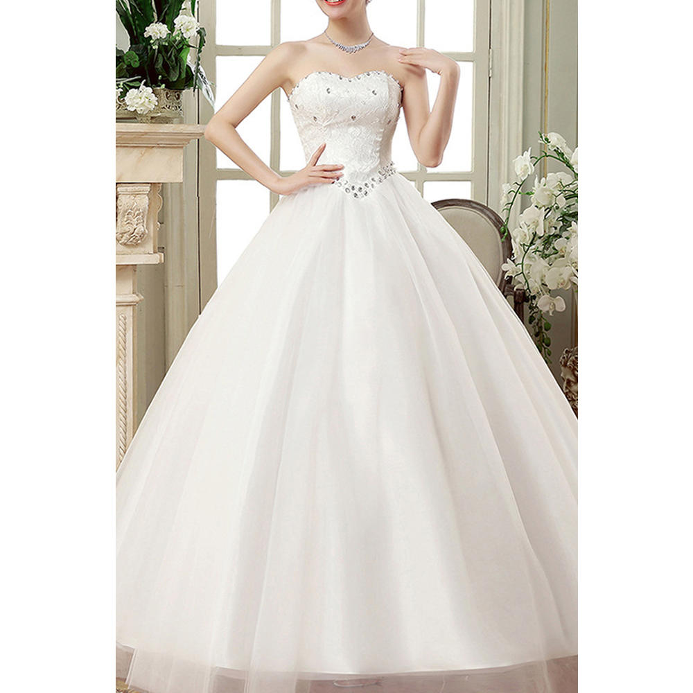 Women Eye-Catchy Decorated Strapless Neck Basque Waist Soothing Wedding Ball-Gown Dress